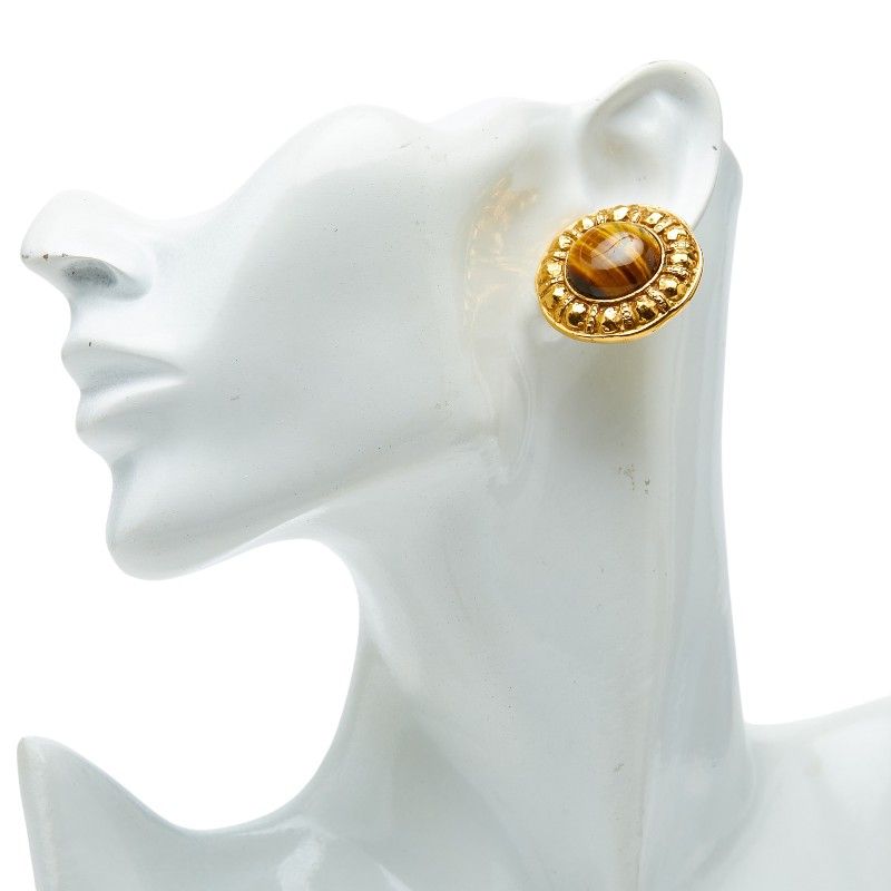 Chanel Round Earrings Gold Brown Plated Tiger — view 5