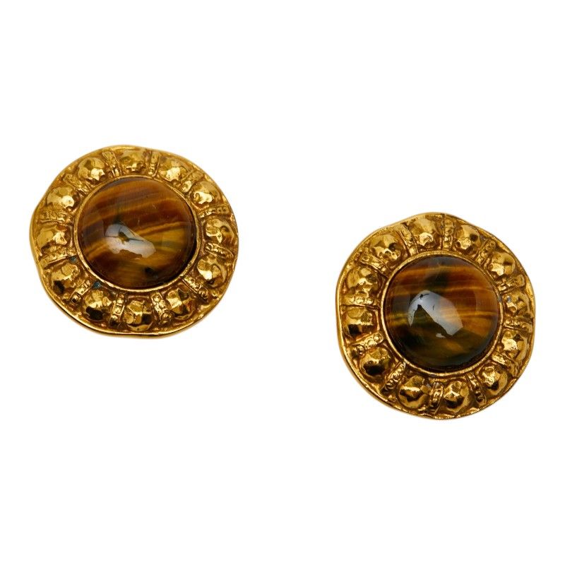 Chanel Round Earrings Gold Brown Plated Tiger