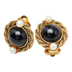 Chanel Earrings Gold Black Plated Faux Pearl Color Stone