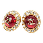 Chanel CC Logo Gripoix Rhinestone Earrings Gold Red Plated Glass