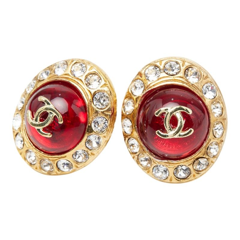 Chanel CC Logo Gripoix Rhinestone Earrings Gold Red Plated Glass