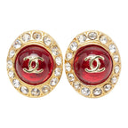 Chanel CC Logo Gripoix Rhinestone Earrings Gold Red Plated Glass — view 2