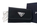 Prada Key Case Triangle Logo Black Tessuto Nylon Leather 6 Row Mark Silver