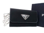 Prada Key Case Triangle Logo Black Tessuto Nylon Leather 6 Row Mark Silver