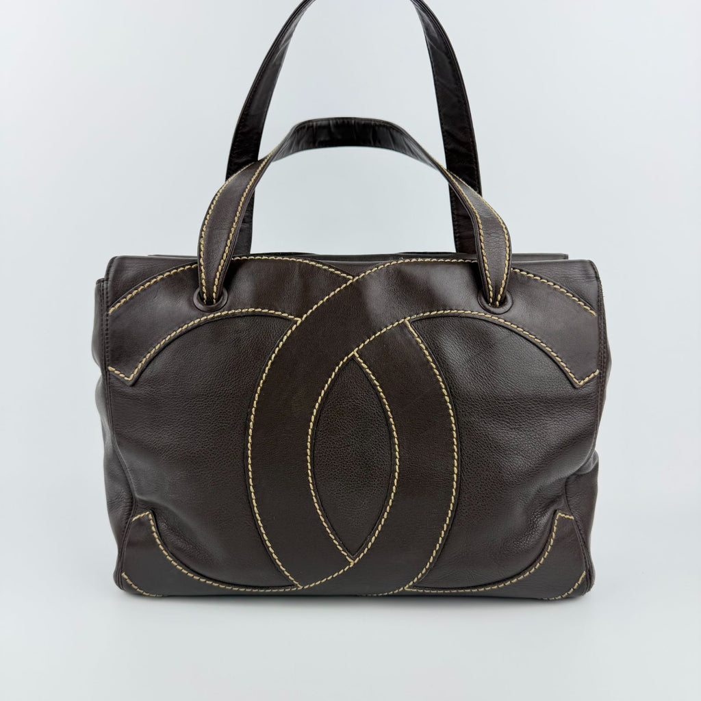 Chanel CC Logo Jumbo CC Tote Shoulder Bag Brown Leather Vintage — view 3