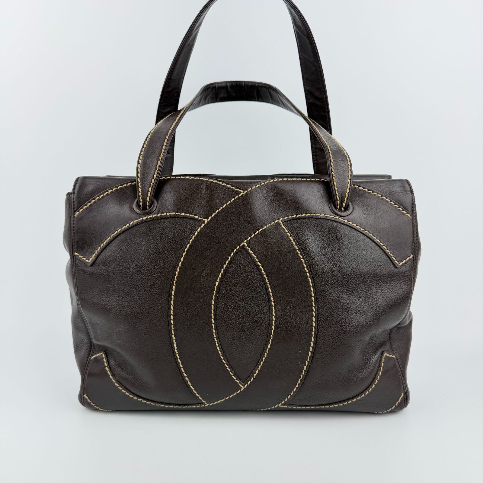 Chanel CC Logo Jumbo CC Tote Shoulder Bag Brown Leather Vintage — view 3