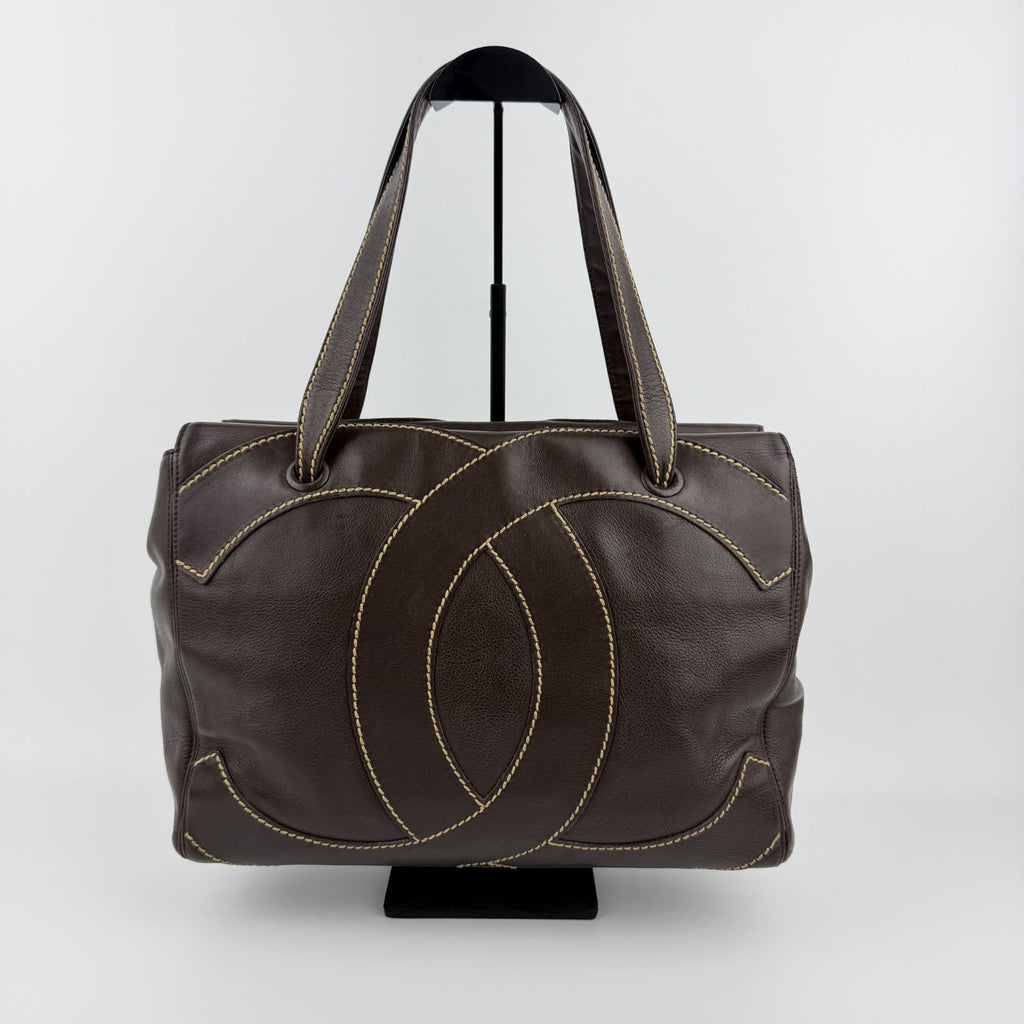 Chanel CC Logo Jumbo CC Tote Shoulder Bag Brown Leather Vintage — view 2