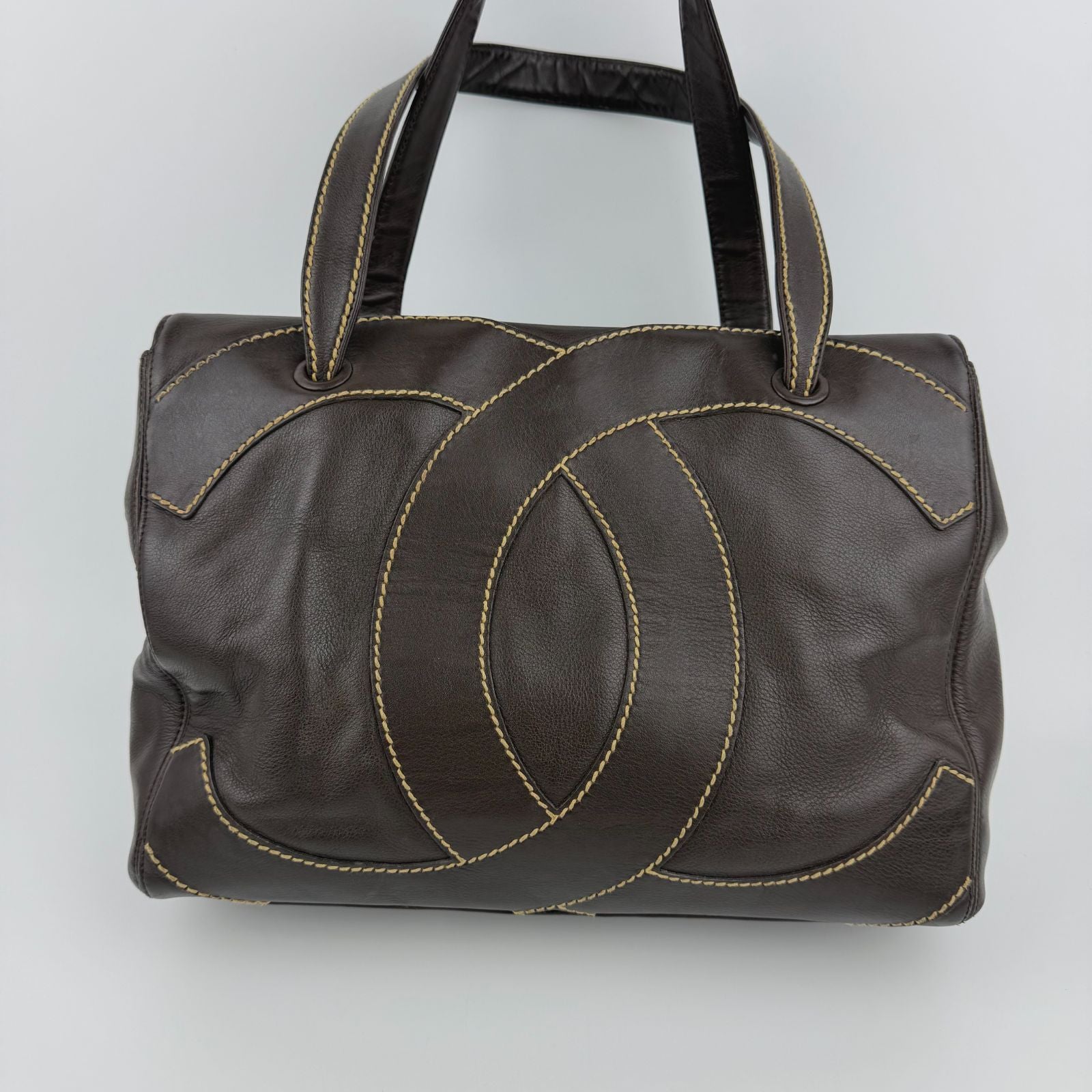 Chanel CC Logo Jumbo CC Tote Shoulder Bag Brown Leather Vintage — view 4