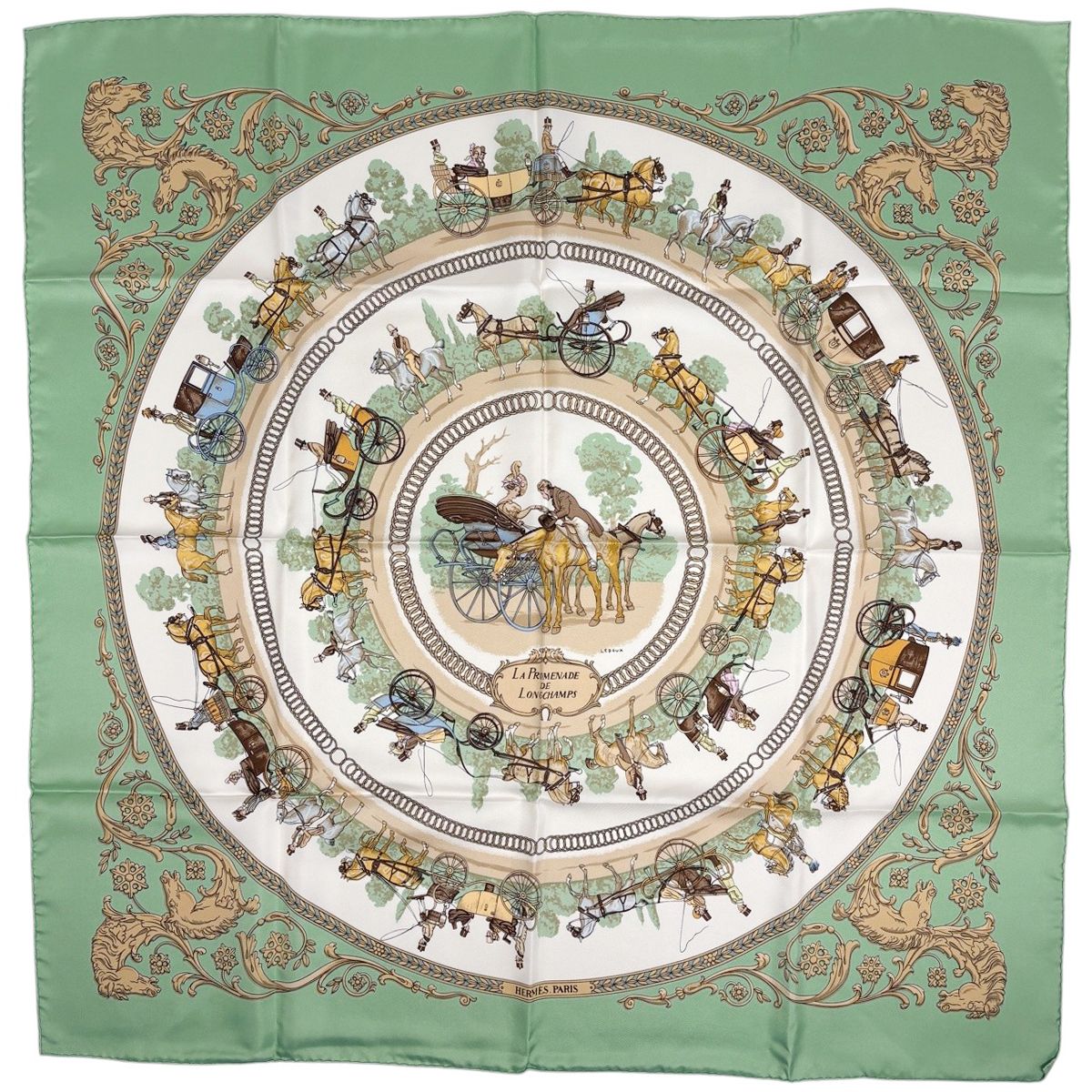 Hermes Carre 90 la Promenade de Longchamps Walk to Long Chien Carriage Scarf