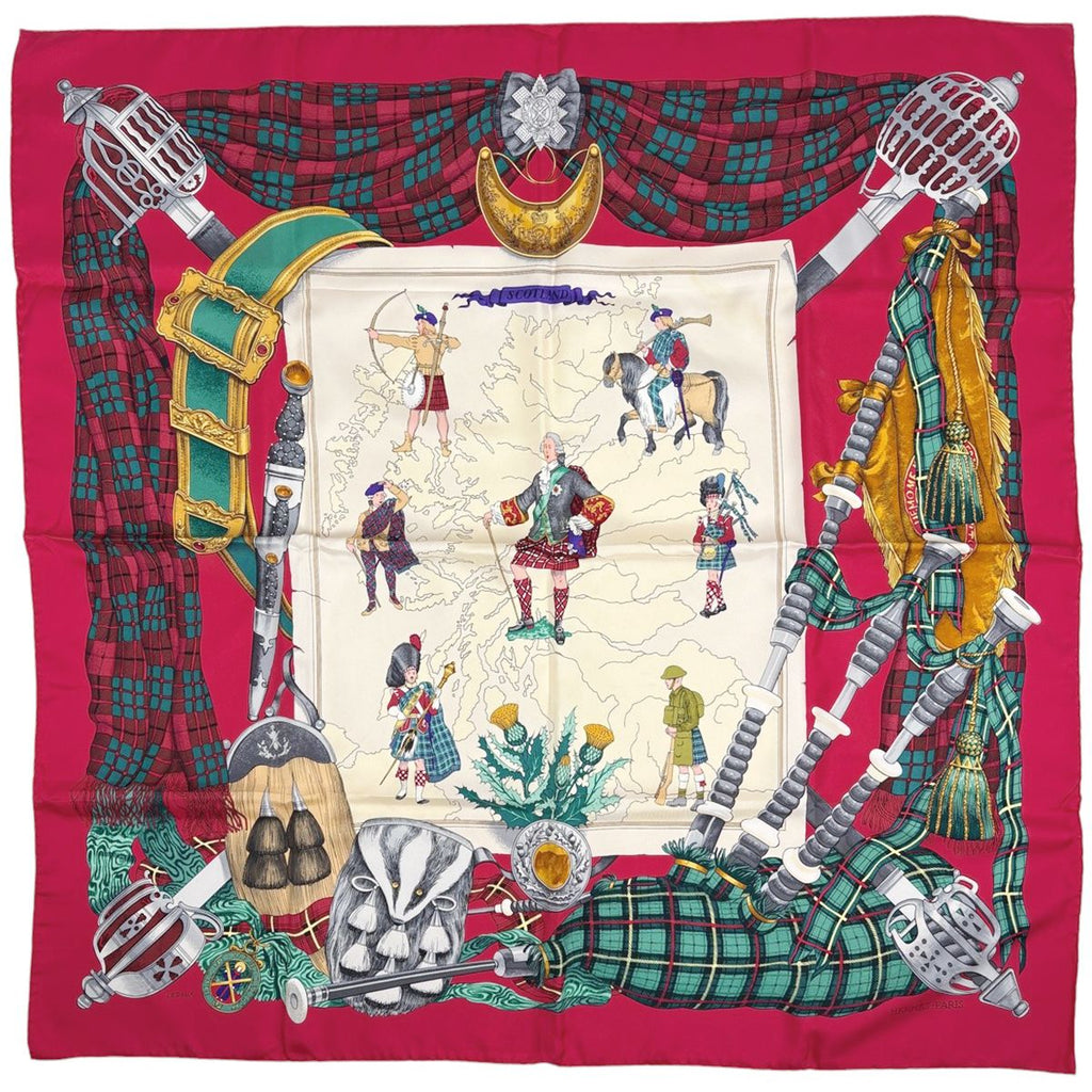 Hermes Carre 90 Scotland Scarf Silk Red Multi