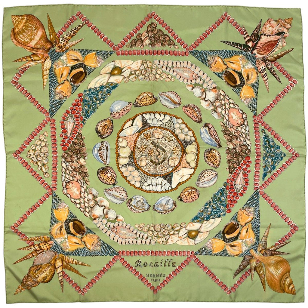 Hermes Carre 90 Rocaille Seashell Pattern Scarf Silk Green Multi