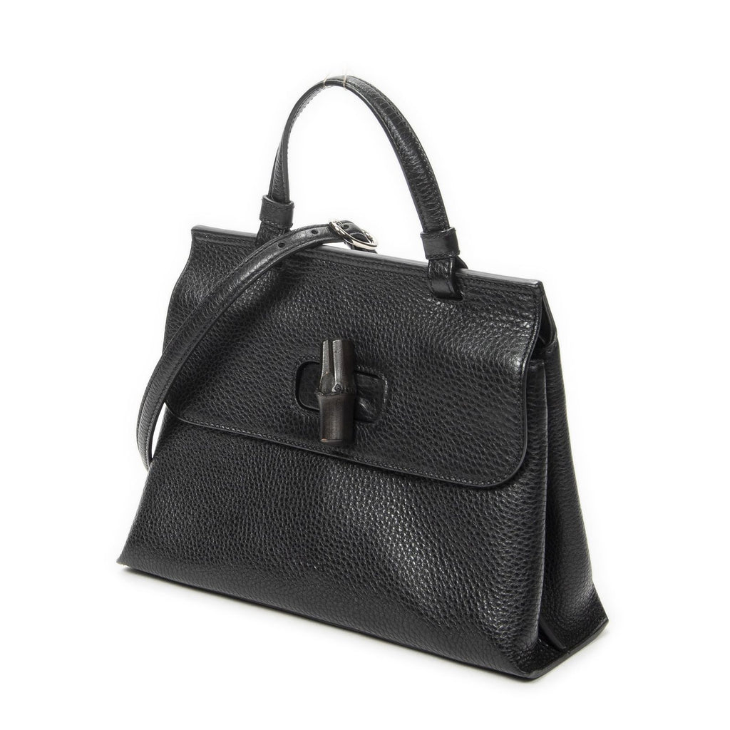 Gucci Small Bamboo Top Handle Flap Black Gray Calfskin Leather — view 2