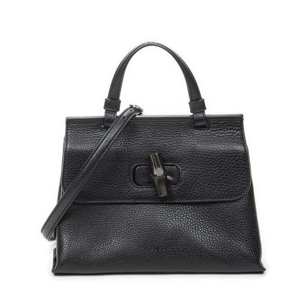 Gucci Small Bamboo Top Handle Flap Black Gray Calfskin Leather