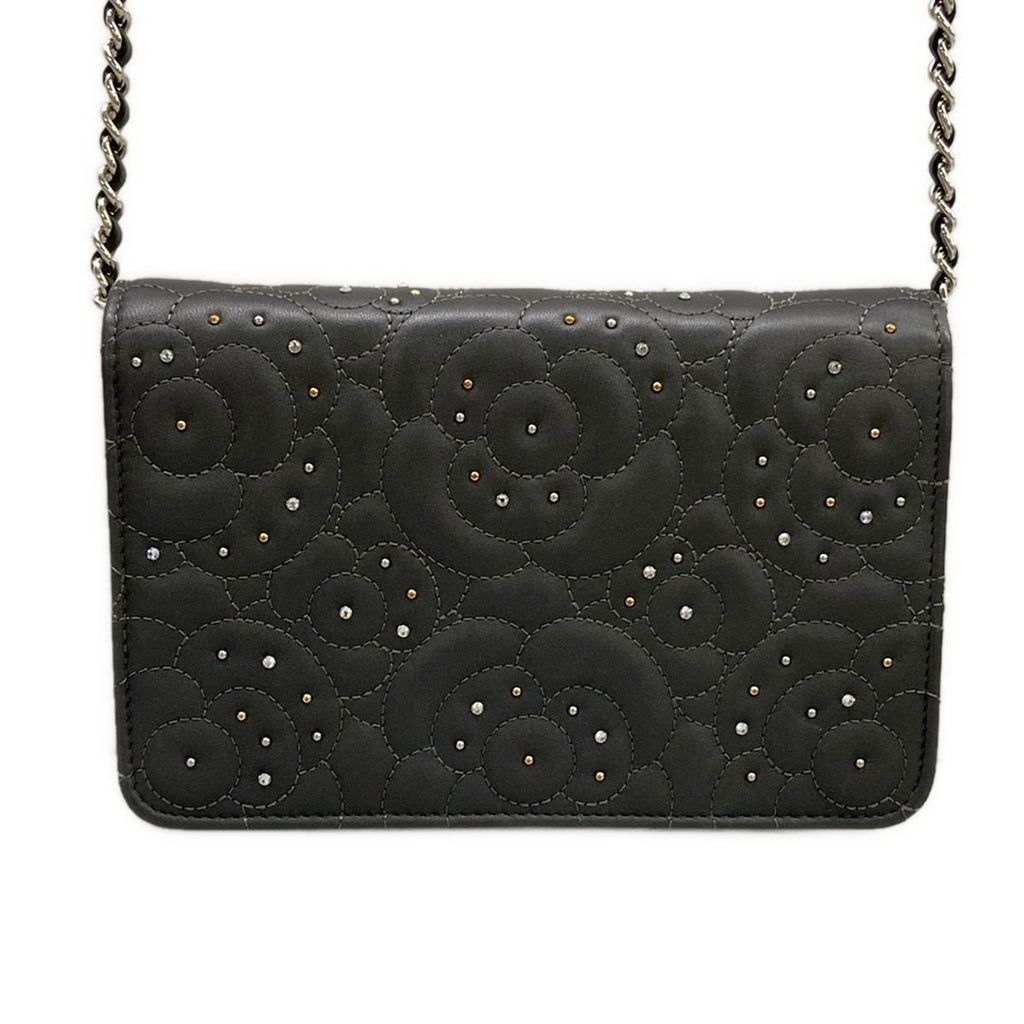 Chanel Wallet Camellia Dark Gray Chain Rhinestone Studs Silver Lambskin — view 2