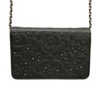 Chanel Wallet Camellia Dark Gray Chain Rhinestone Studs Silver Lambskin — view 2