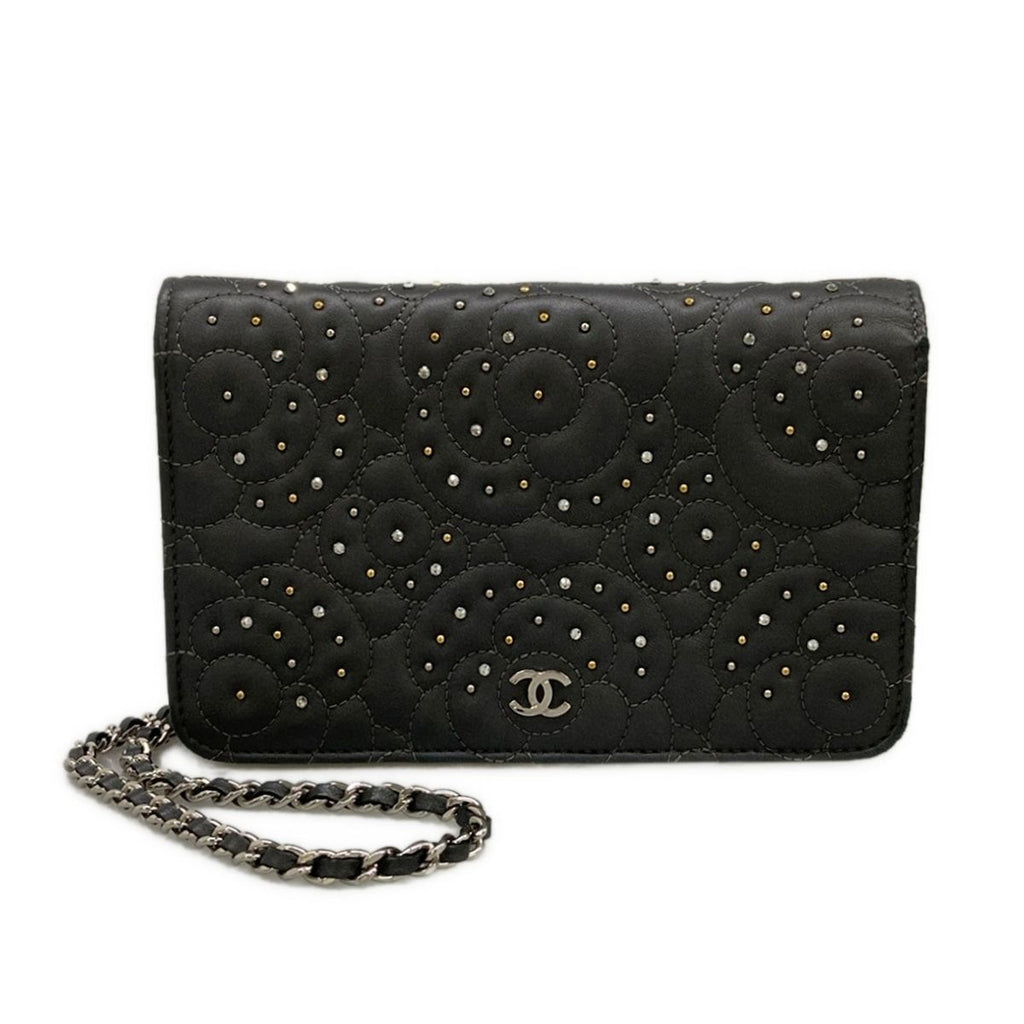 Chanel Wallet Camellia Dark Gray Chain Rhinestone Studs Silver Lambskin