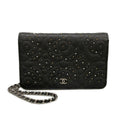 Chanel Wallet Camellia Dark Gray Chain Rhinestone Studs Silver Lambskin