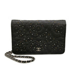Chanel Wallet Camellia Dark Gray Chain Rhinestone Studs Silver Lambskin