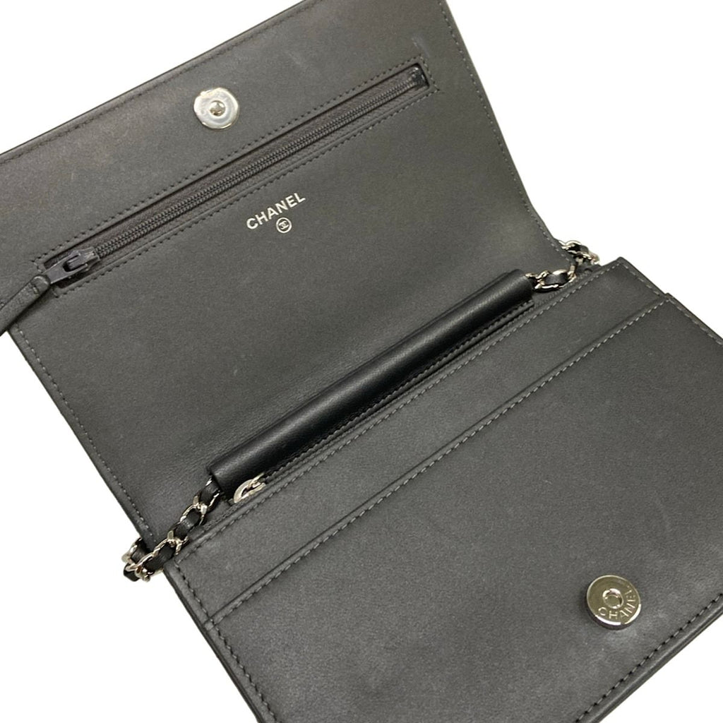 Chanel Wallet Camellia Dark Gray Chain Rhinestone Studs Silver Lambskin — view 3