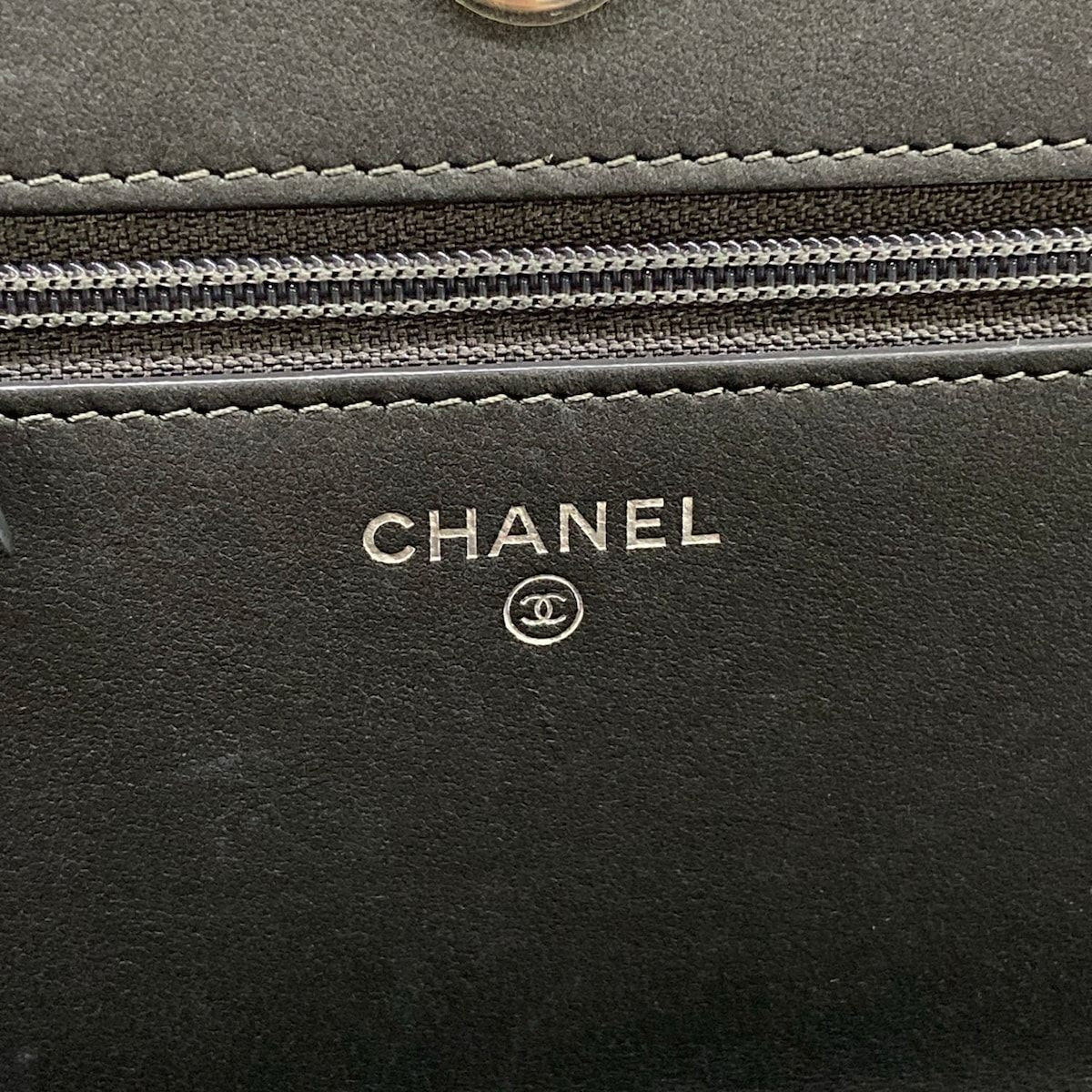 Chanel Wallet Camellia Dark Gray Chain Rhinestone Studs Silver Lambskin — view 6