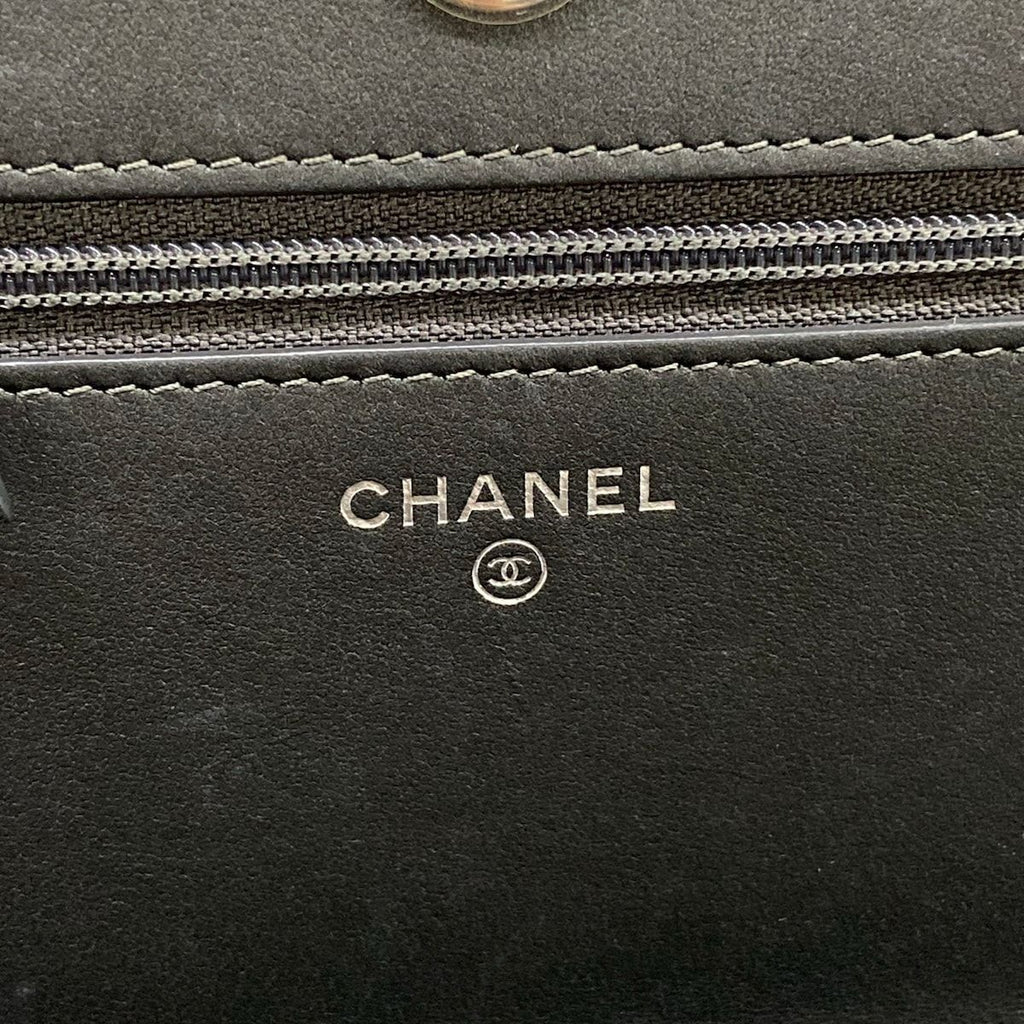 Chanel Wallet Camellia Dark Gray Chain Rhinestone Studs Silver Lambskin — view 6