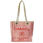 Chanel Tote Deauville Line PM Pink Ivory Chain Shoulder Silver Leather
