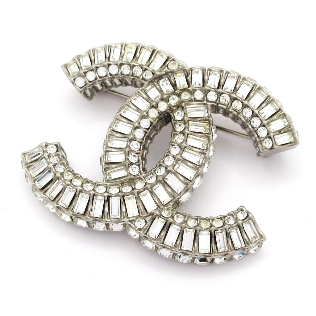 Chanel Brooch CC Logo Silver Clear Visual Rhinestone