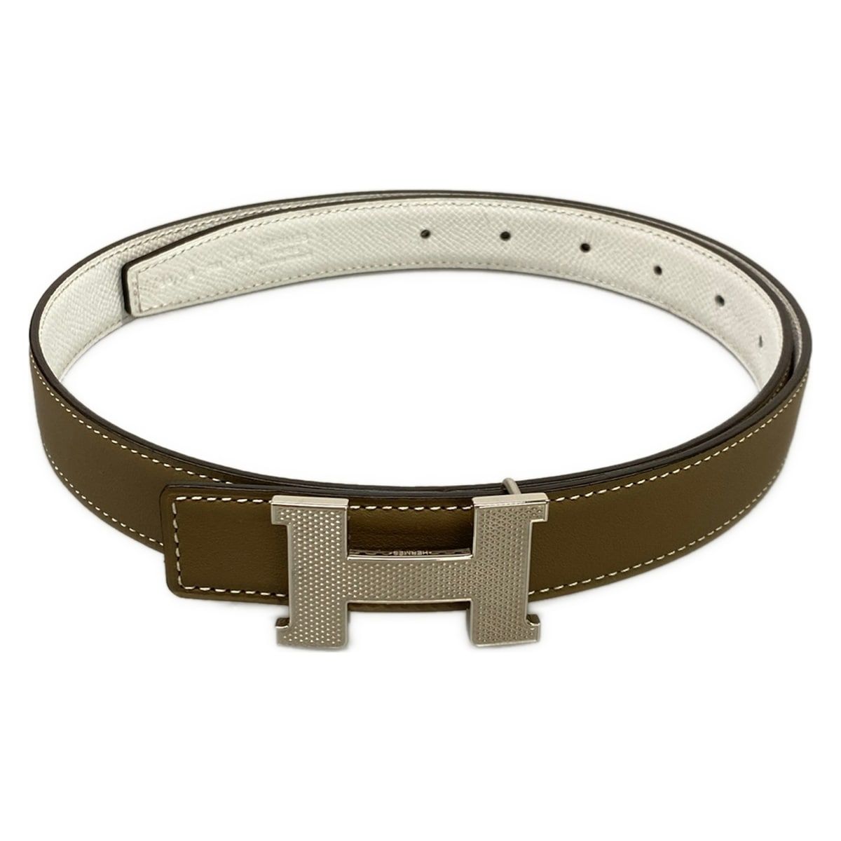Hermes Belt 80 Constance Etoupe White Guilloche Silver