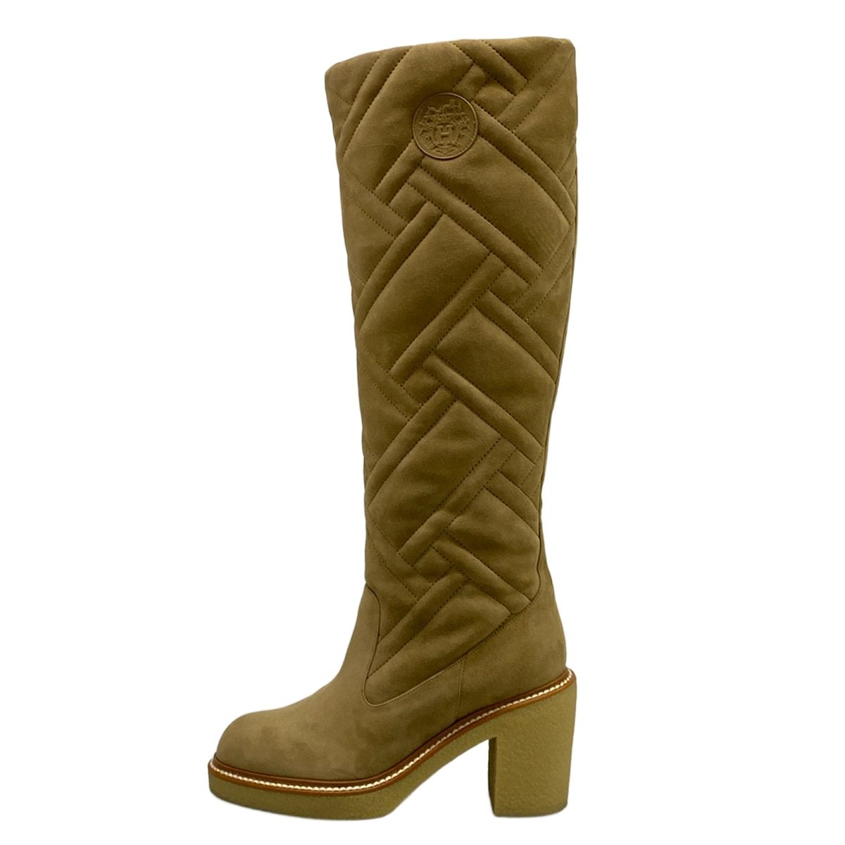 Hermes Long Boots 37 Fjord Exlibris Khaki Quilted
