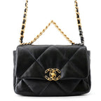 Chanel Chain Shoulder Bag 19 Quilted CC Logo Shiny Lambskin Black