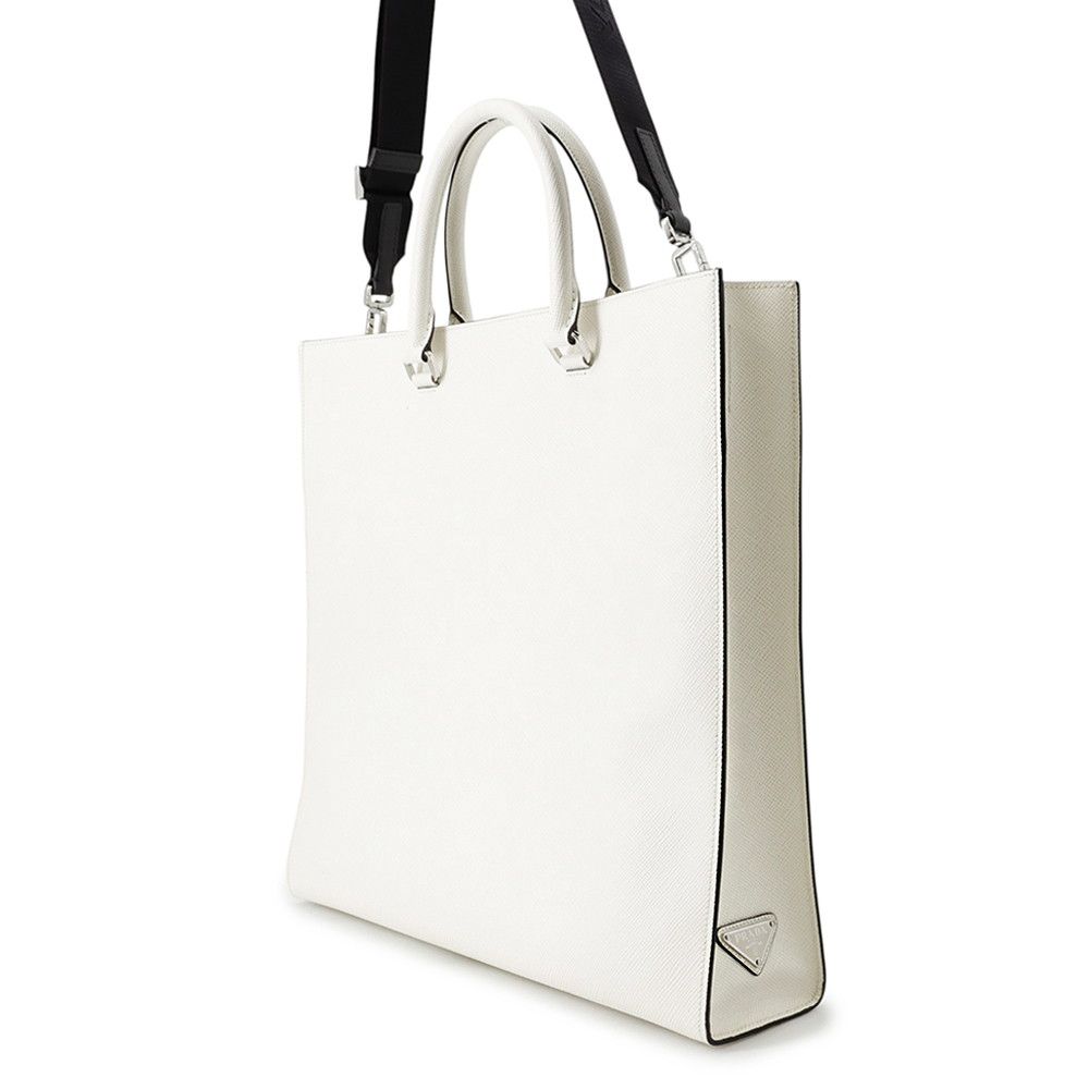 Prada Tote Triangle Embossed Logo Saffiano 2-Way Shoulder Bag White — view 2