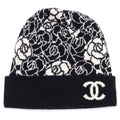 Chanel CC Logo Camellia Cashmere Knit Cap Beanie Hat Black