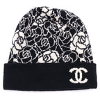 Chanel CC Logo Camellia Cashmere Knit Cap Beanie Hat Black
