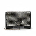 Prada Rhinestone Flap Card Holder Mini Bag Black Silver