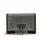 Prada Rhinestone Flap Card Holder Mini Bag Black Silver