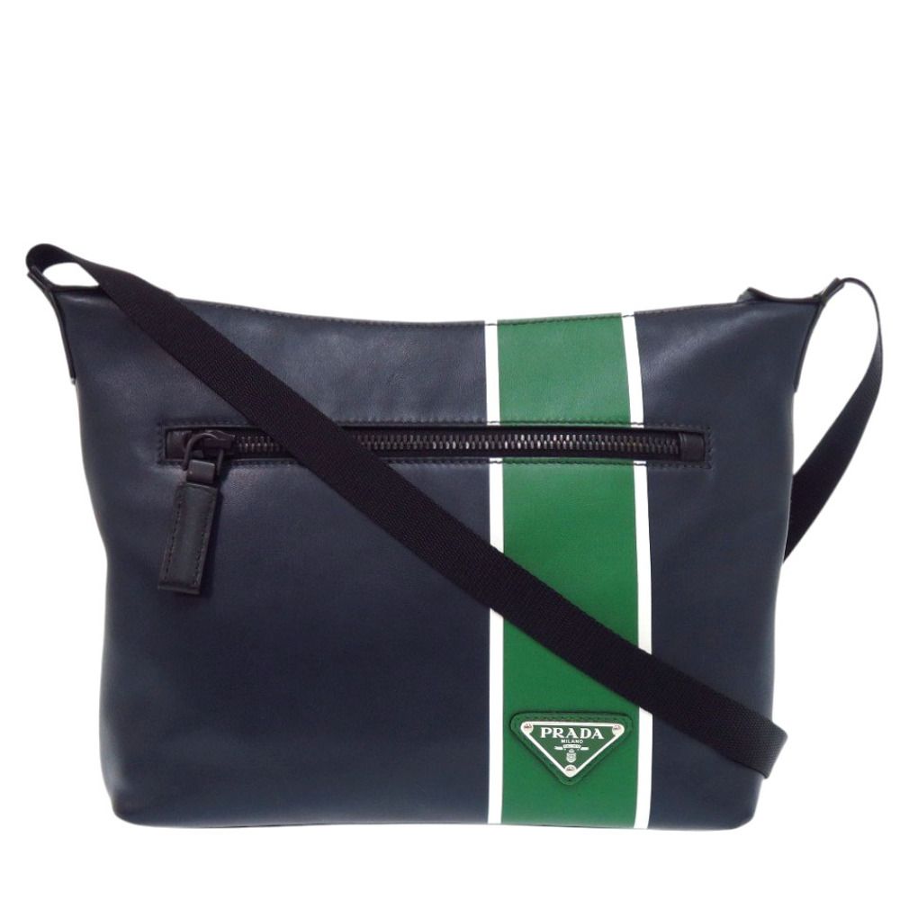 Prada Leather Triangle Logo Navy Green Shoulder