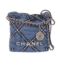 Chanel 22 Chain Quilted Stitch Denim Mini Shoulder Bag Blue Silver