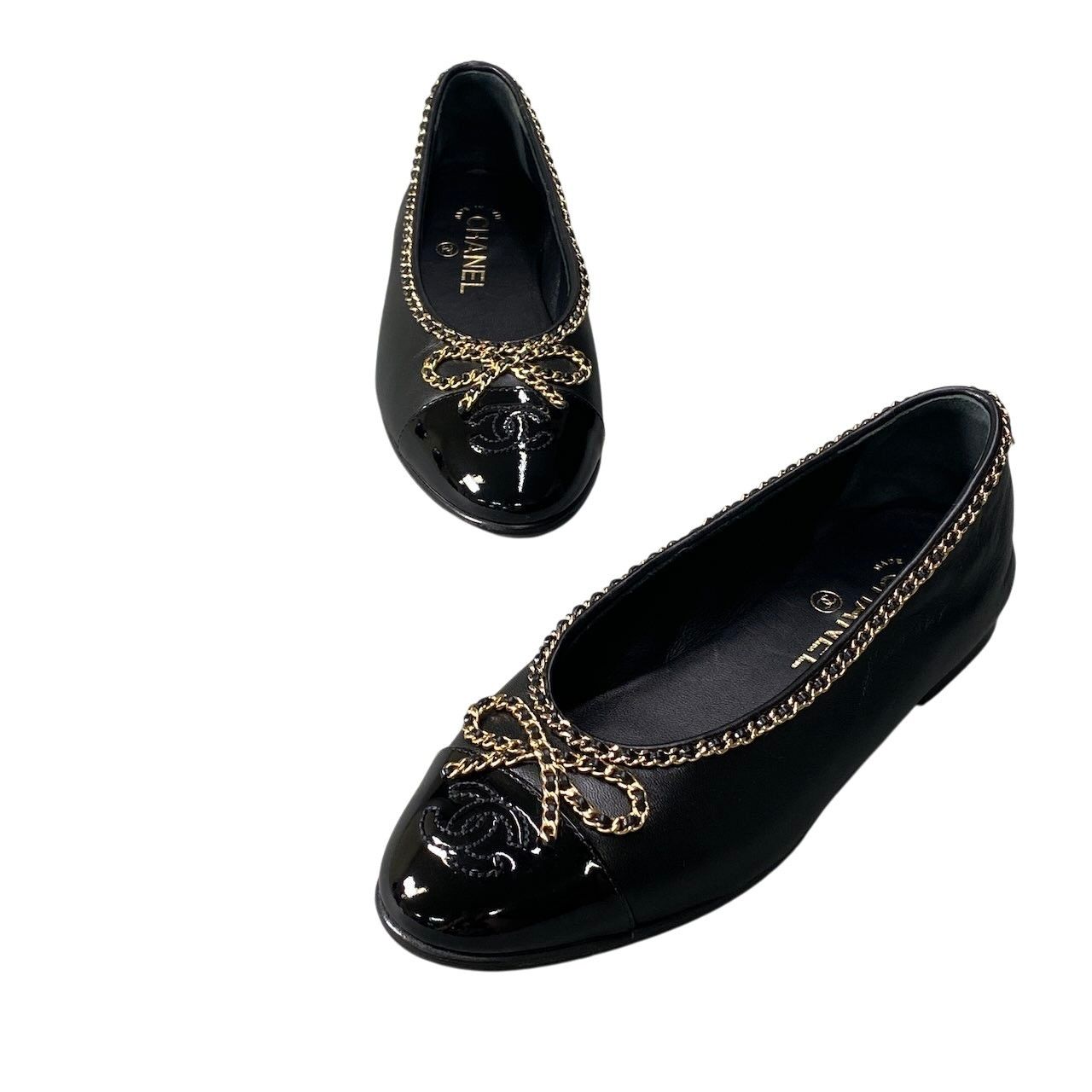 Chanel Ribbon Chain Ballerina Pumps Gold 36.5 Black Lambskin Flat — view 5
