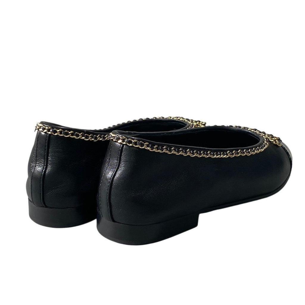 Chanel Ribbon Chain Ballerina Pumps Gold 36.5 Black Lambskin Flat — view 4
