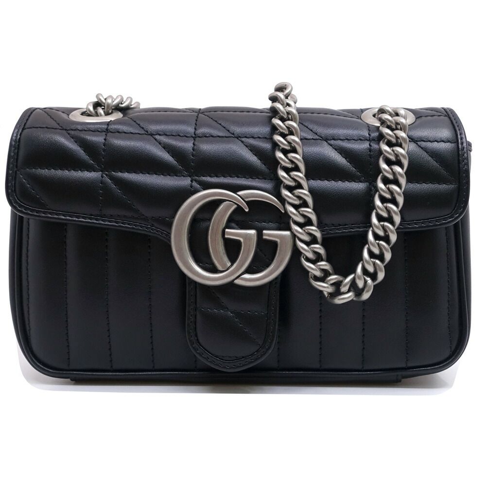 Gucci GG Marmont Small Shoulder Bag 2-Way Logo Leather Black Silver