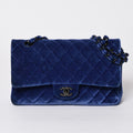 Chanel Quilted 25 Shoulder Bag Double Flap Velour Blue Black