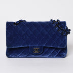 Chanel Quilted 25 Shoulder Bag Double Flap Velour Blue Black