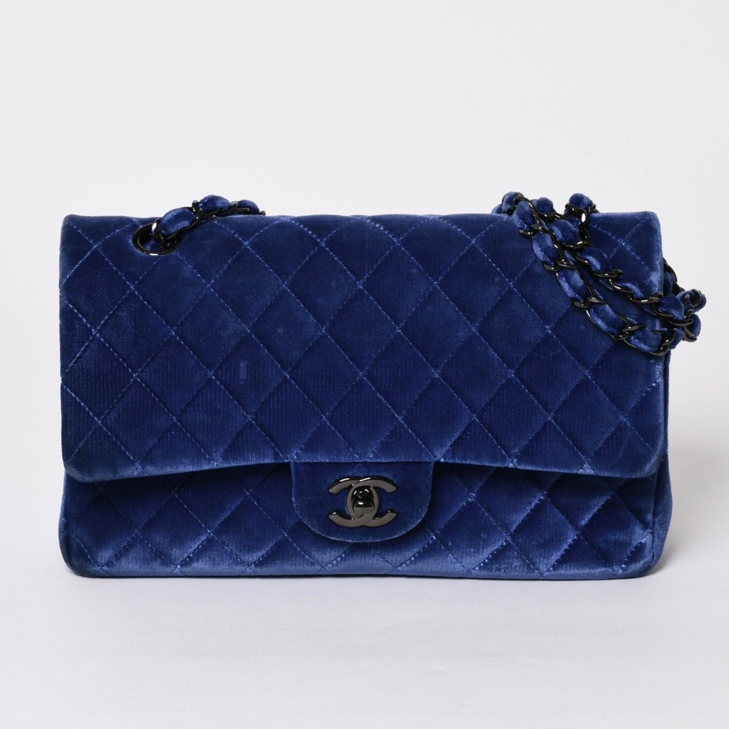 Chanel Quilted 25 Shoulder Bag Double Flap Velour Blue Black