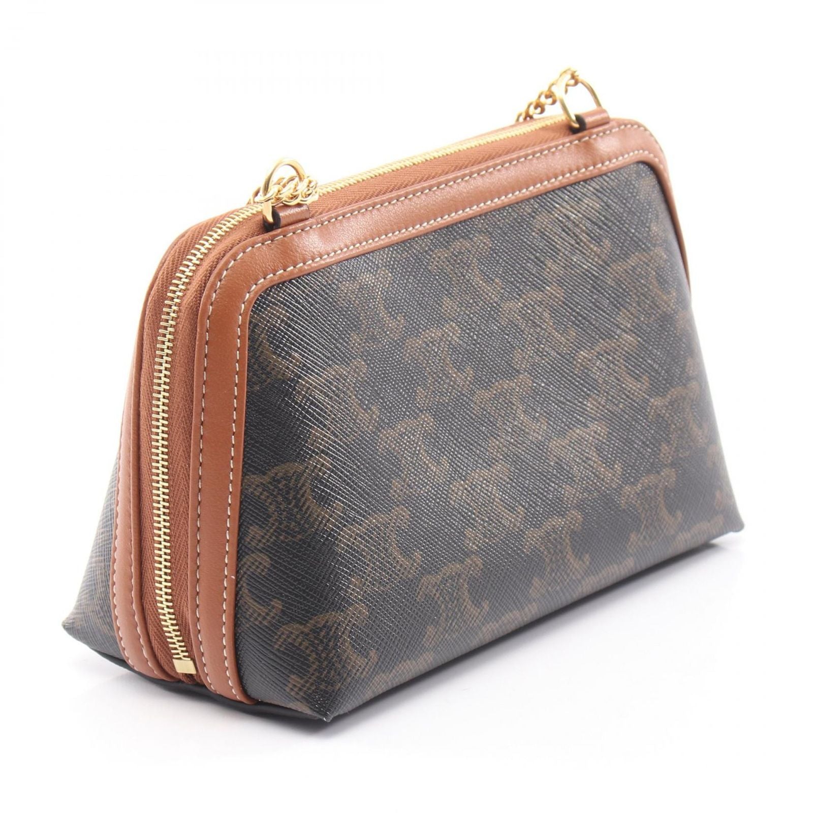 Celine Shoulder Bag Chain Clutch Trio Brown Canvas Leather — view 2