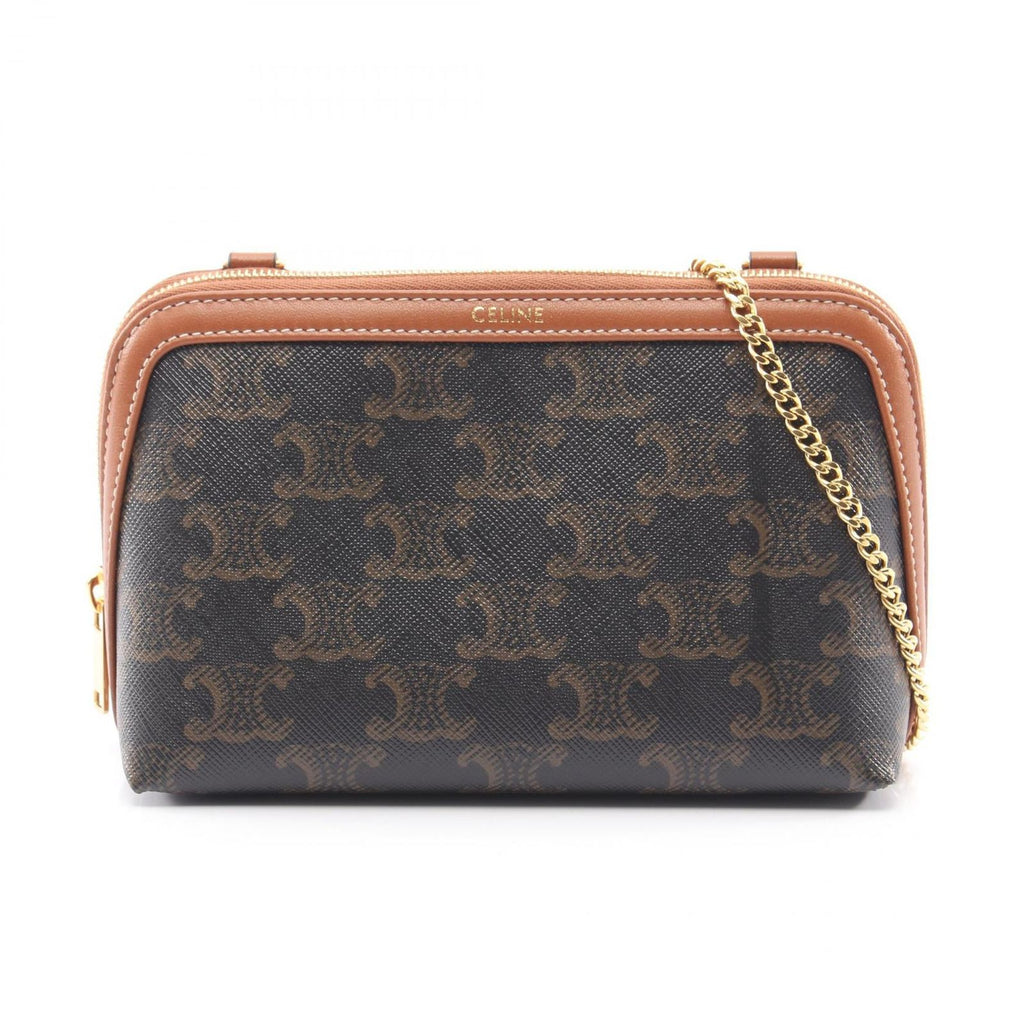 Celine Shoulder Bag Chain Clutch Trio Brown Canvas Leather