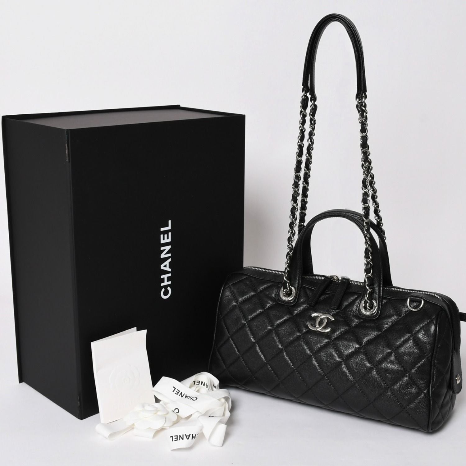 Chanel Chain Bag Base CC Logo Caviar Leather Black Silver