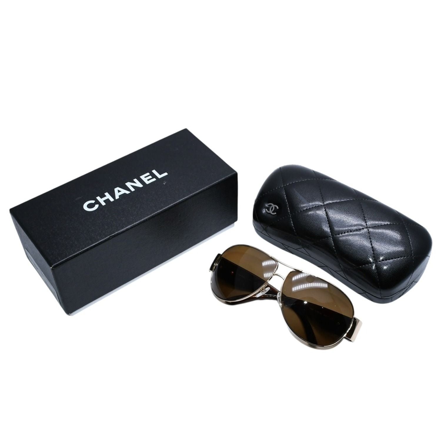 Chanel Aviator Sunglasses CC Logo Metal Frame Teardrop Brown Gold Eyewear