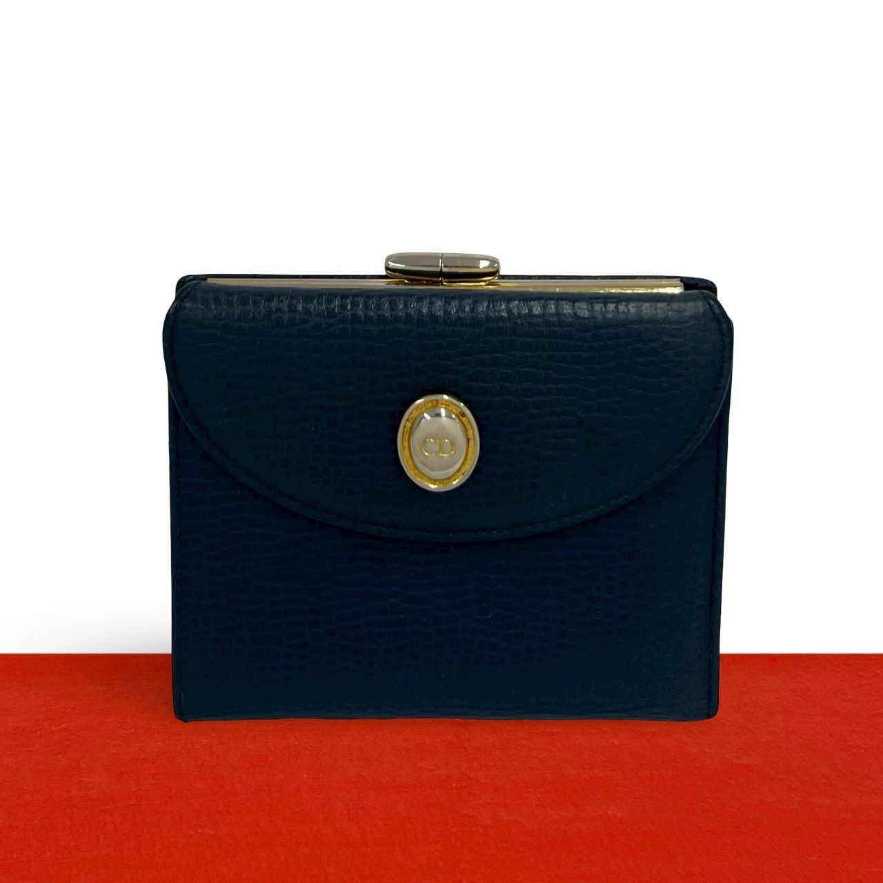 Dior Vintage CD Logo Leather Kiss Lock Bifold Wallet Navy