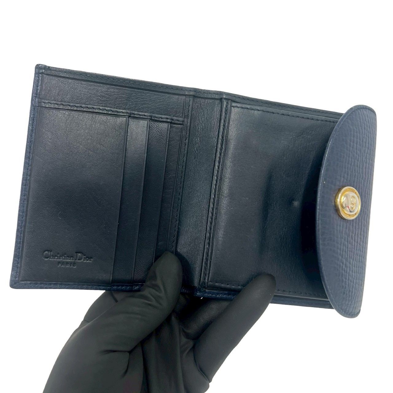 Dior Vintage CD Logo Leather Kiss Lock Bifold Wallet Navy — view 7