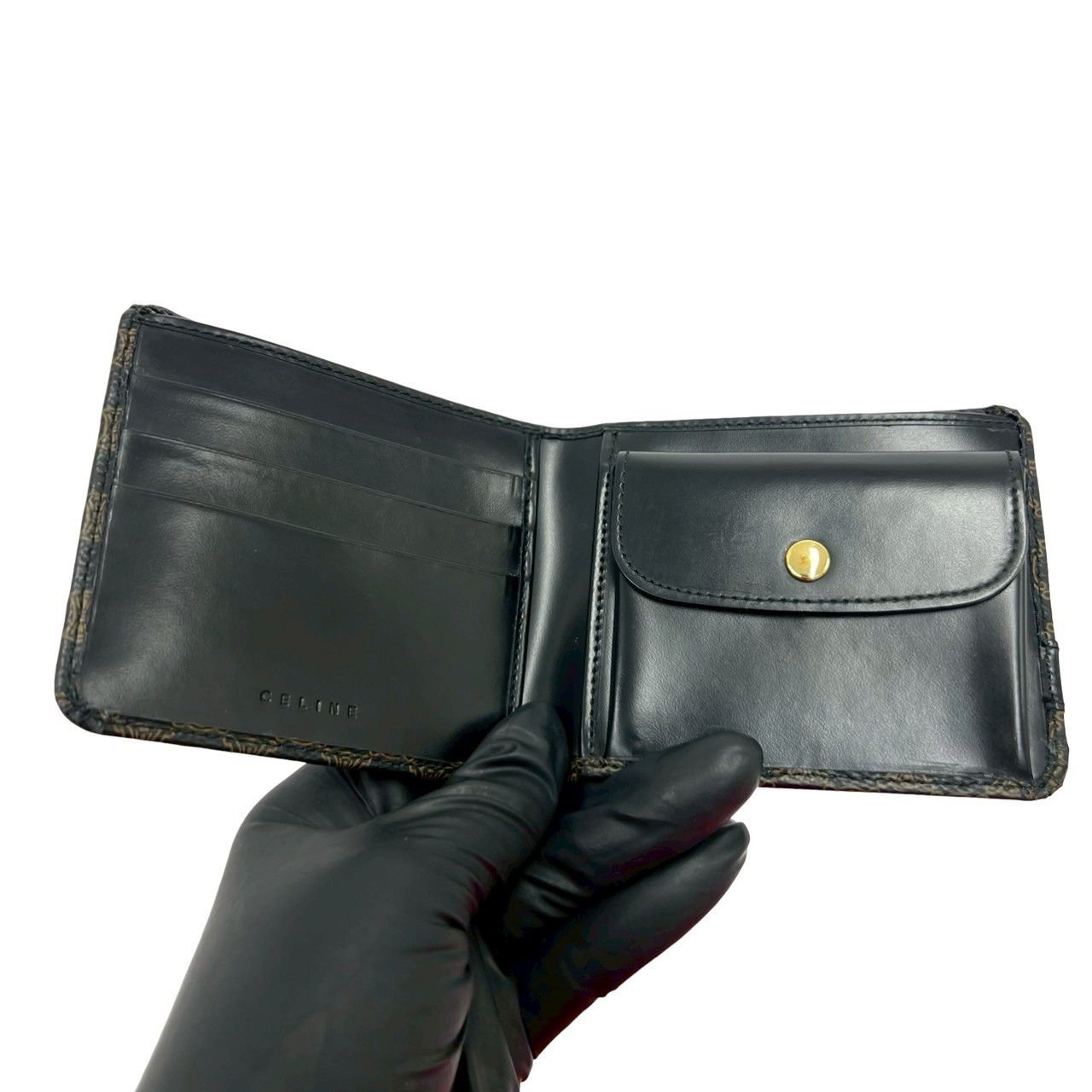 Celine Macadam Blason Pattern Logo Leather Bifold Wallet Brown Black — view 7